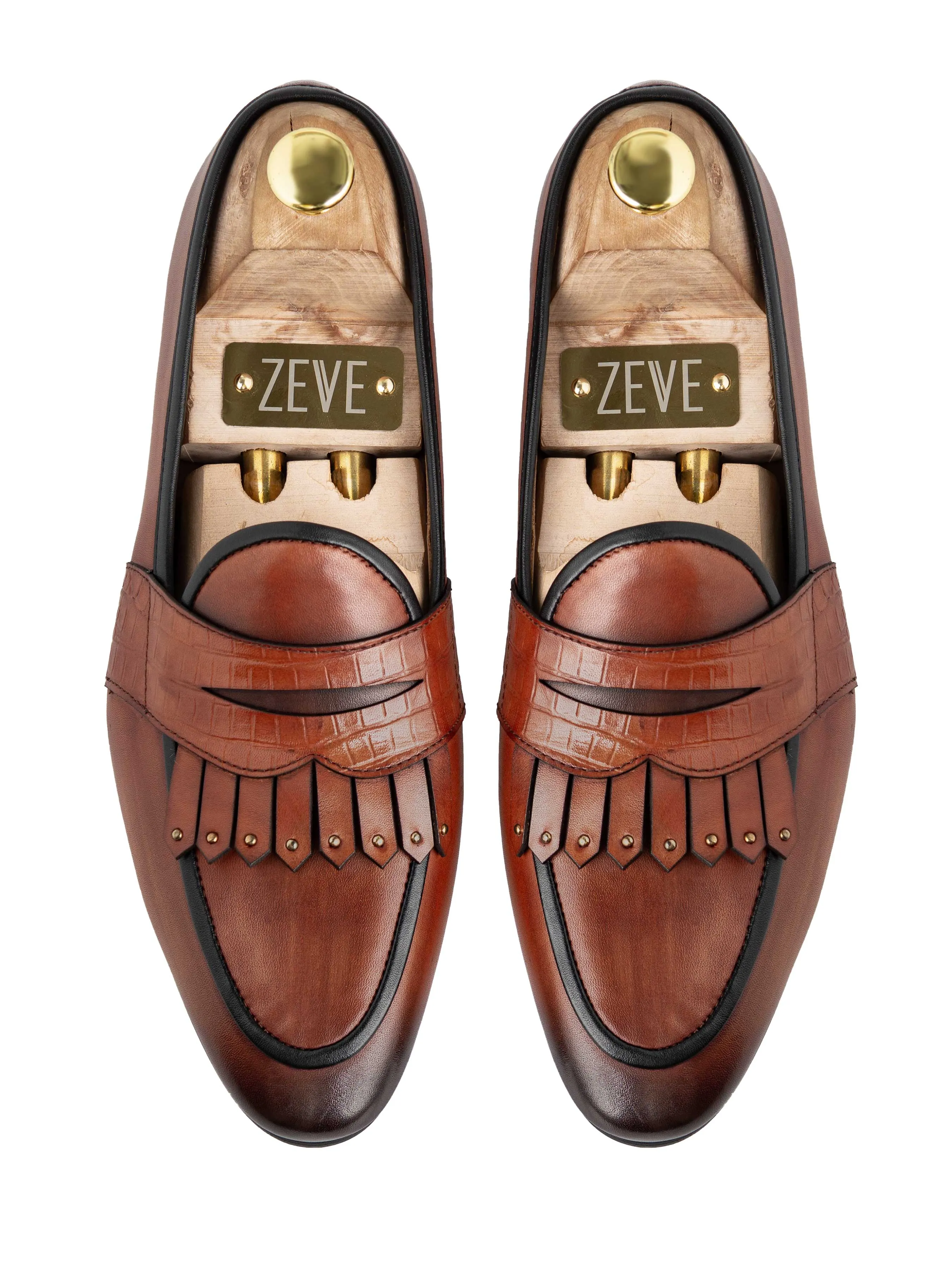 Belgian Loafer - Cognac Tan Phyton Penny Strap with Studded Fringe (Hand Painted Patina)