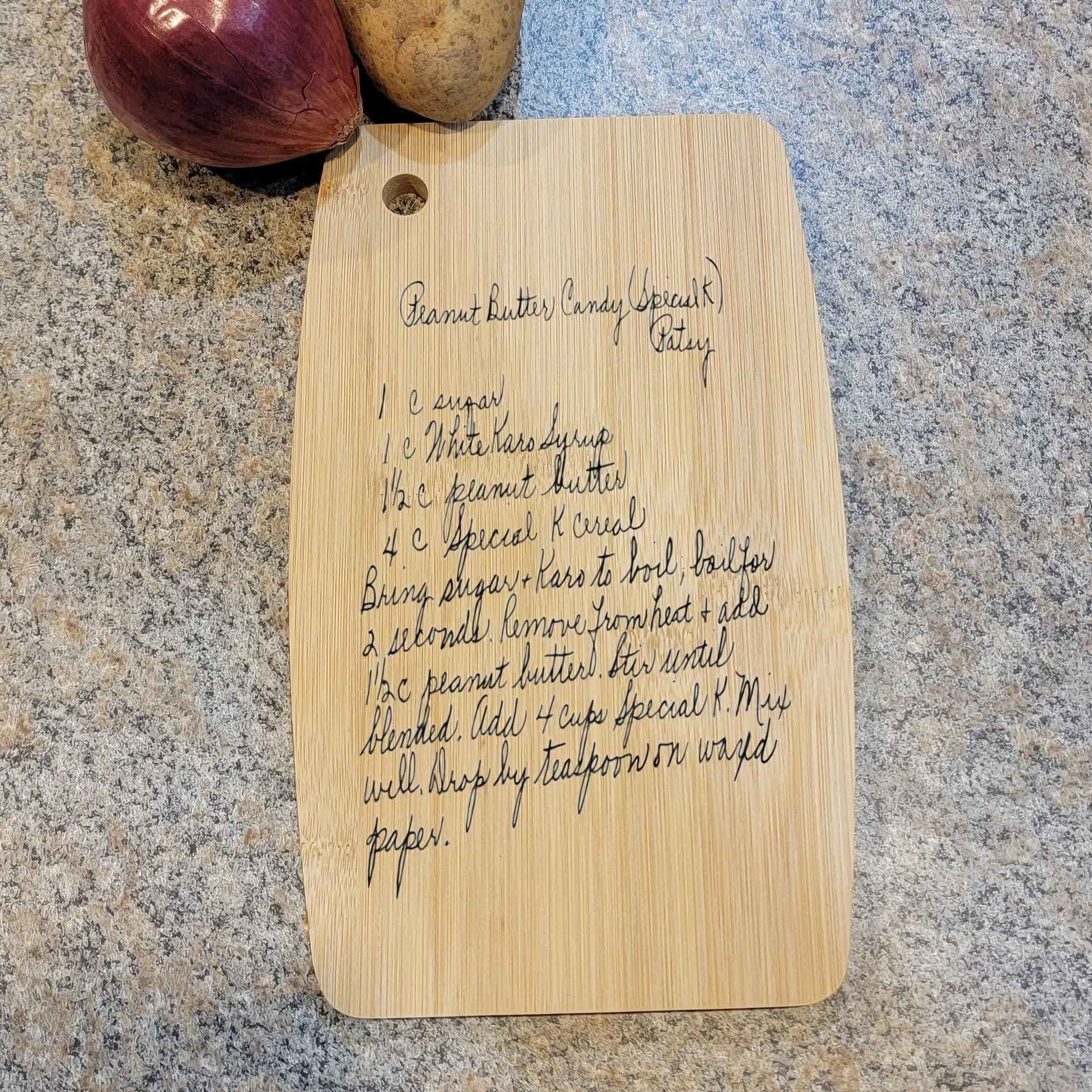 Engraved Handwriting Recipe Cutting Board with Wall Hanging Notch Semi-Oval