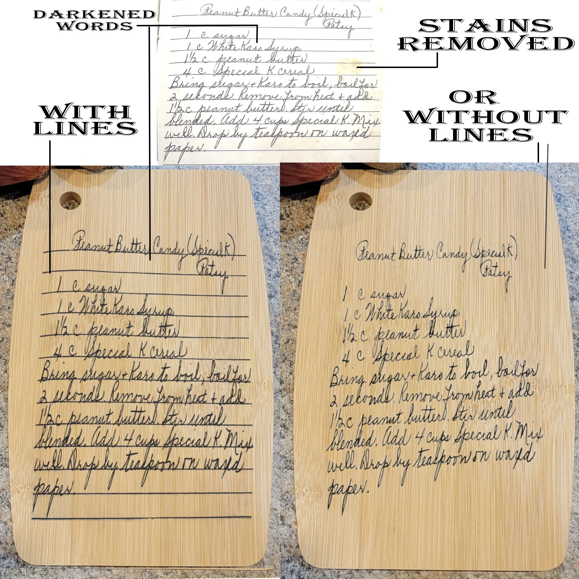 Engraved Handwriting Recipe Cutting Board with Wall Hanging Notch Semi-Oval