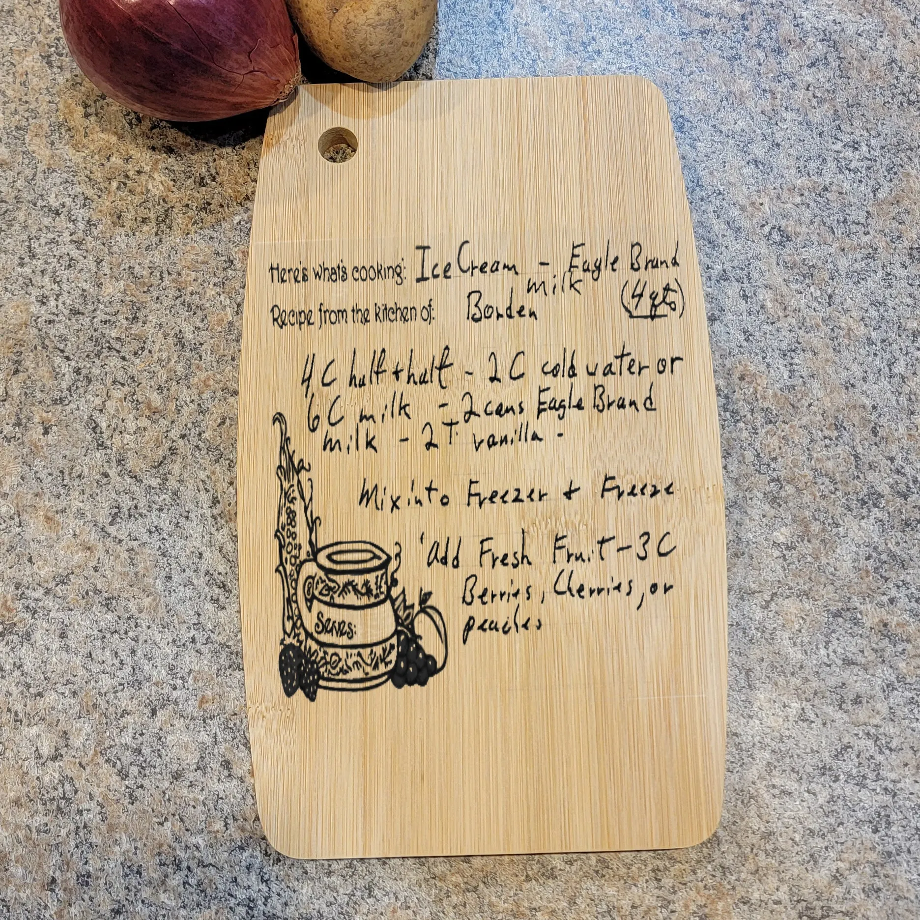 Engraved Handwriting Recipe Cutting Board with Wall Hanging Notch Semi-Oval