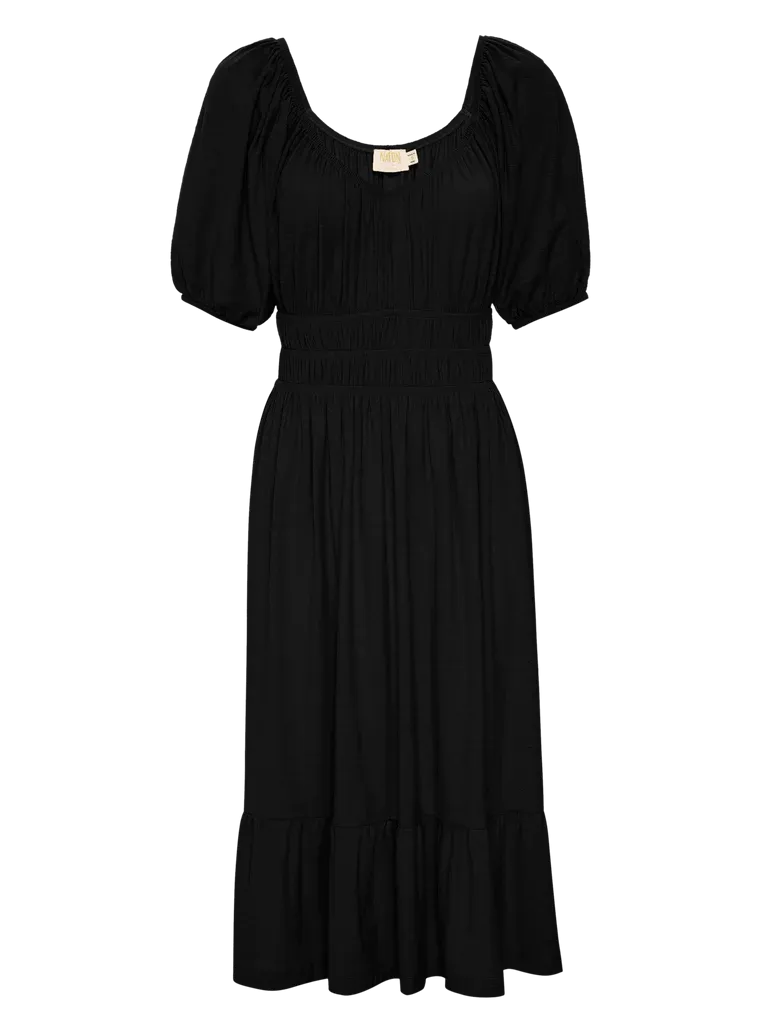 FABIA SHIRRED MIDI DRESS (JET BLACK) - NATION