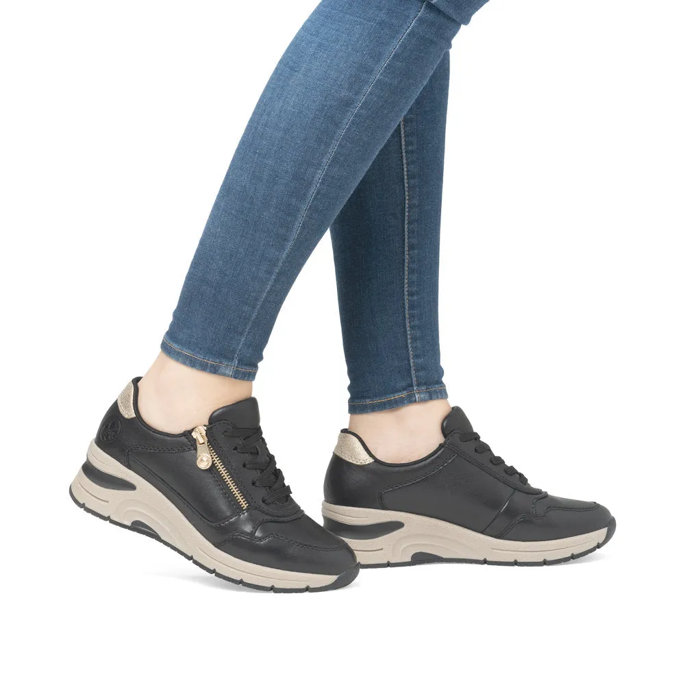 Ladies Lace Up Trainers Sneakers Rieker Black Zip Wedge N9301-00