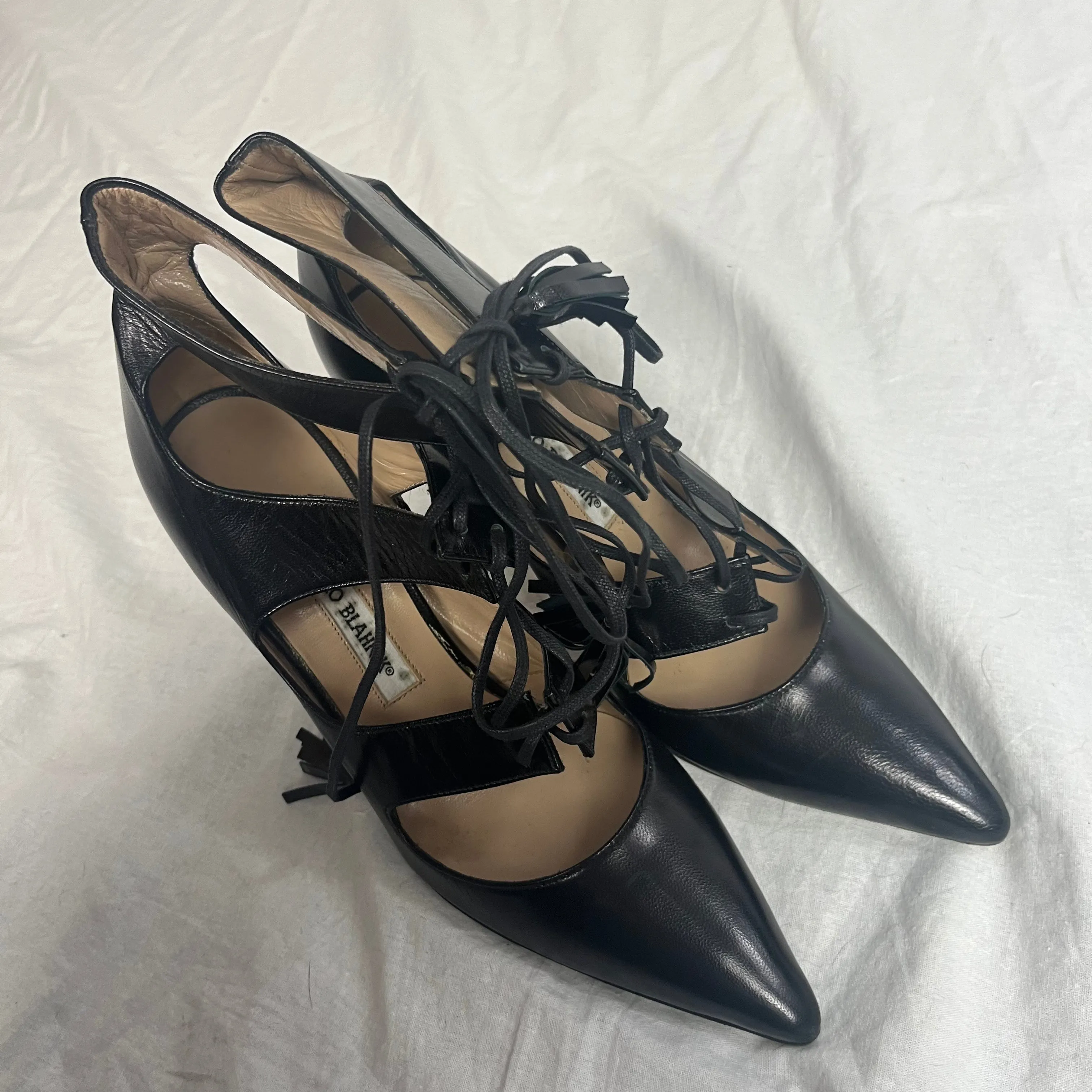 Manolo Blahnik Black Three Strap Tie-Up Heels 37.5