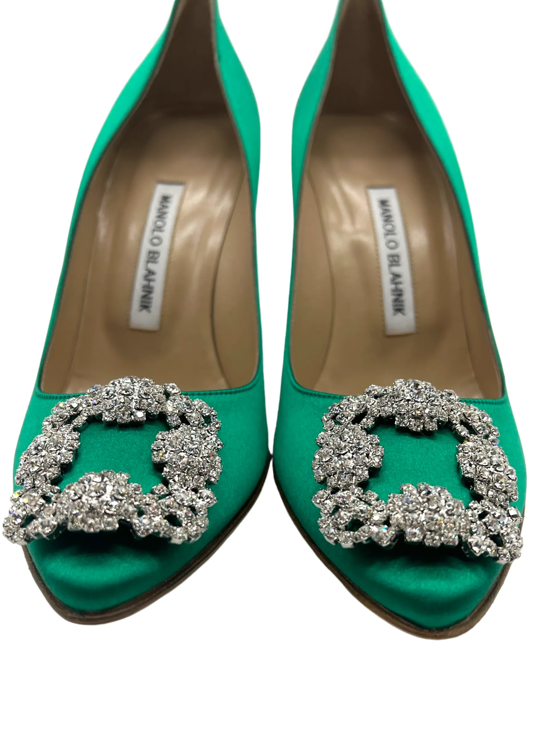 Manolo Blahnik Green Satin Hangisi Size 38 Heels