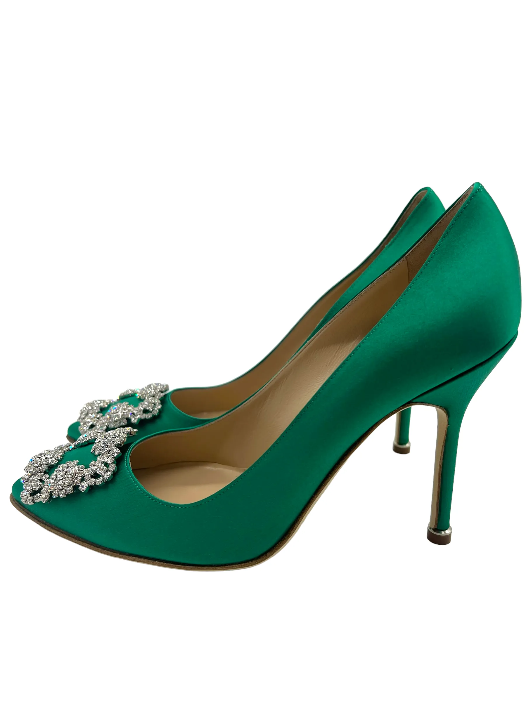 Manolo Blahnik Green Satin Hangisi Size 38 Heels