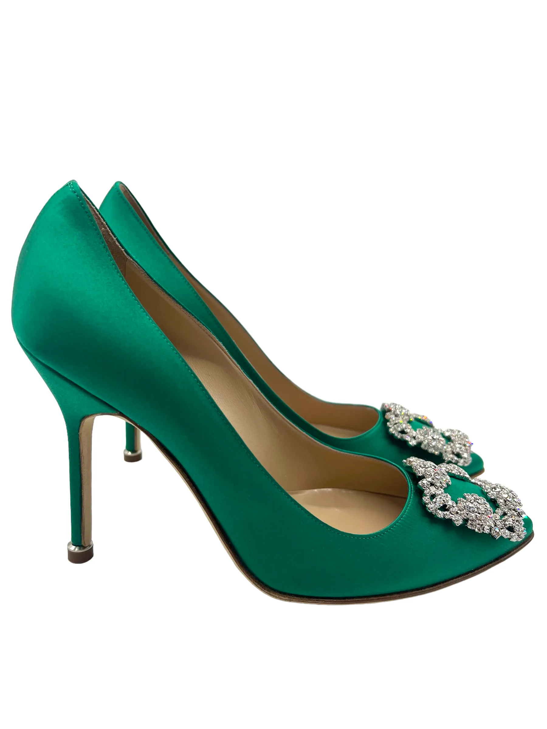 Manolo Blahnik Green Satin Hangisi Size 38 Heels