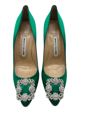 Manolo Blahnik Green Satin Hangisi Size 38 Heels