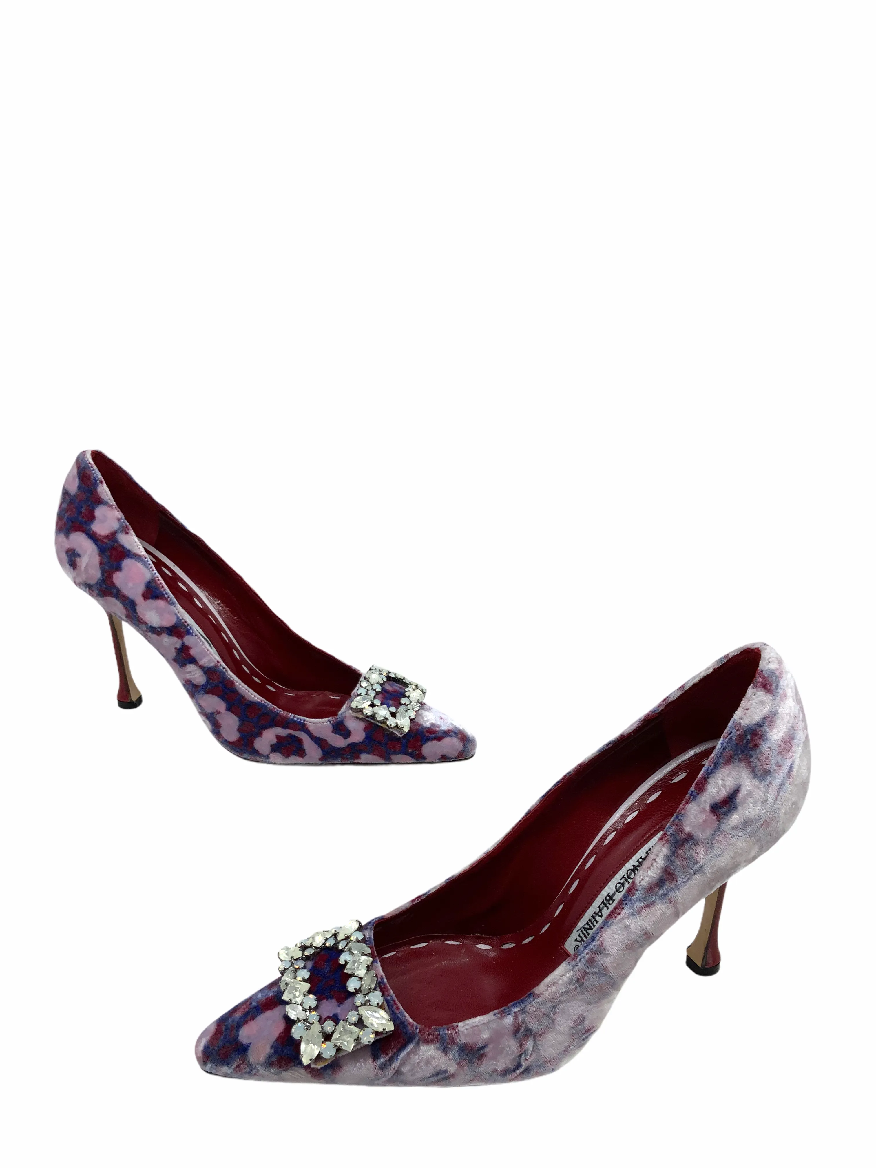 Manolo Blahnik Printed Velvet Crystal Encrusted Pumps Size 5.5