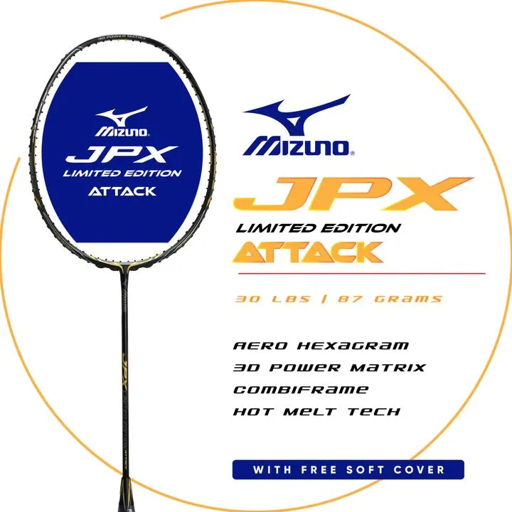 Optimized Title: Mizuno JPX Limited Edition 3U Attack Badminton Racket (Unstrung) - Black/Gold/Ash Grey