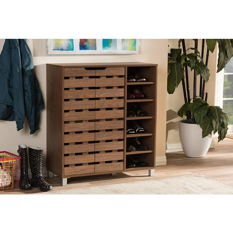 "Walnut" Medium Brown Wood 2-Door Shoe Cabinet with Open Shelves