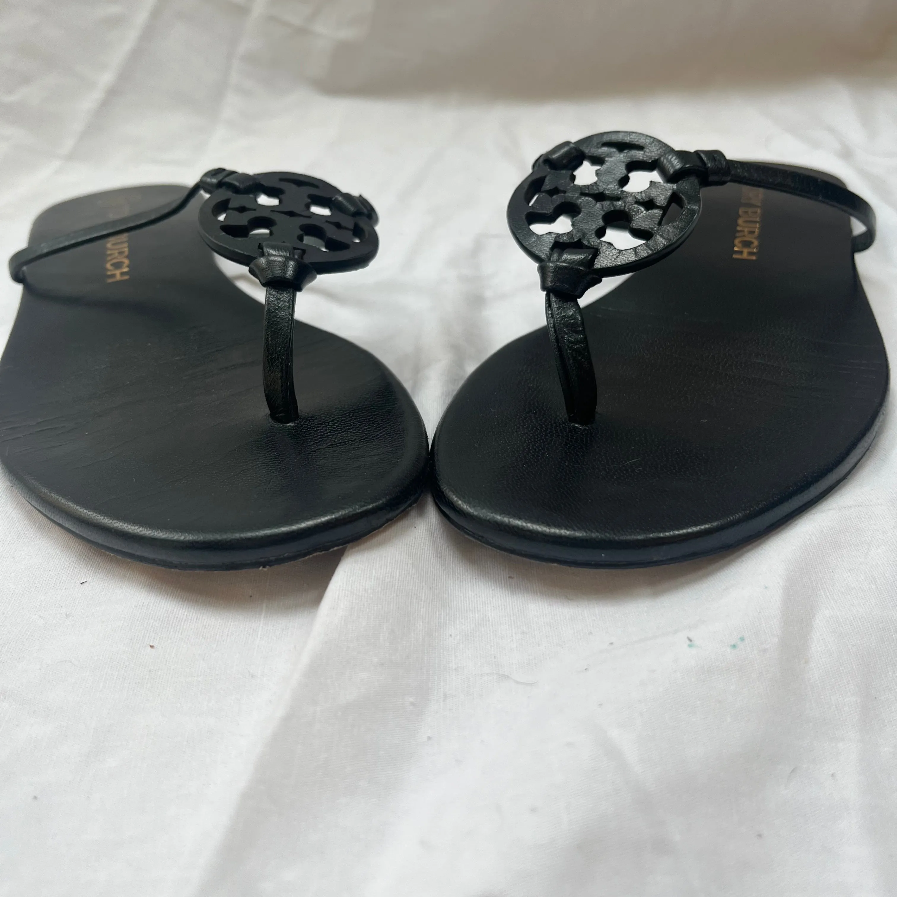 Tory Burch Black Leather Thong Flat Sandals 39