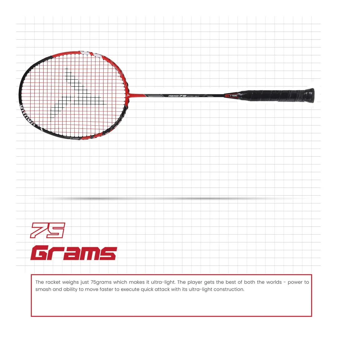 Young Aero 75 Ultralight Badminton Racket (Strung) | Black/Red