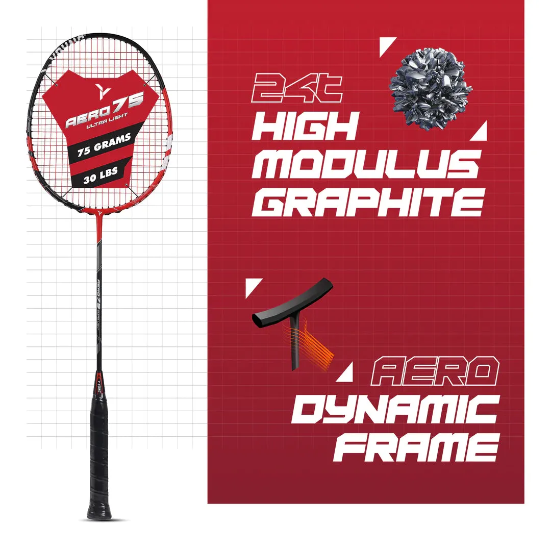 Young Aero 75 Ultralight Badminton Racket (Strung) | Black/Red